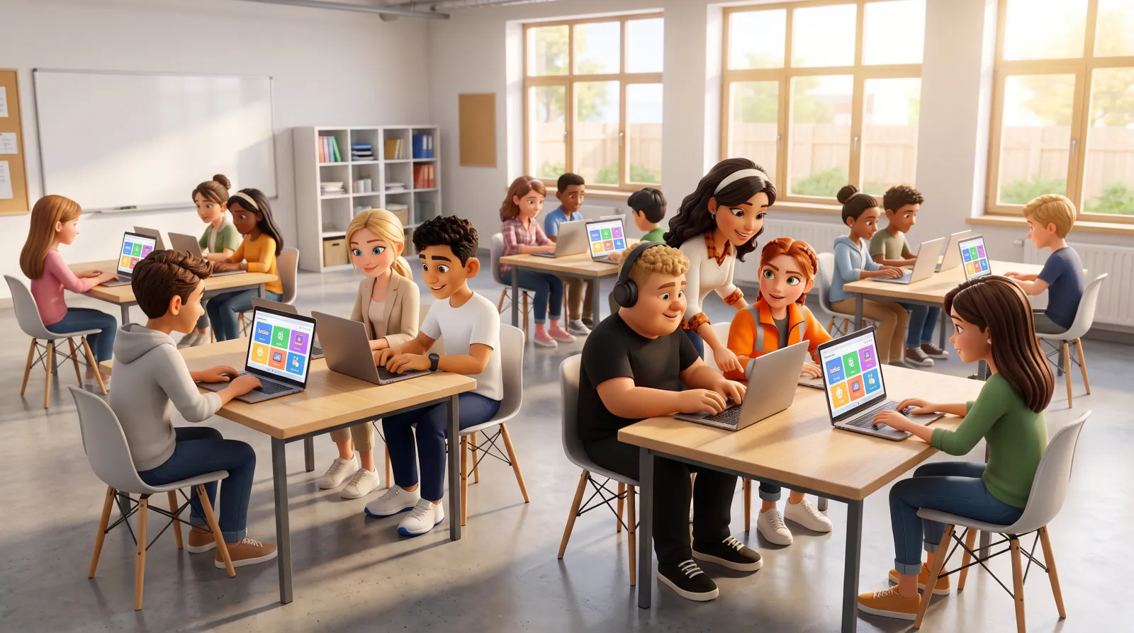 Illustration: Eine ganze Schulklasse arbeitet in einem hellen Klassenzimmer an Laptops mit bunten Kurskacheln, eine Lehrerin schaut zwei Jugendlichen über die Schulter