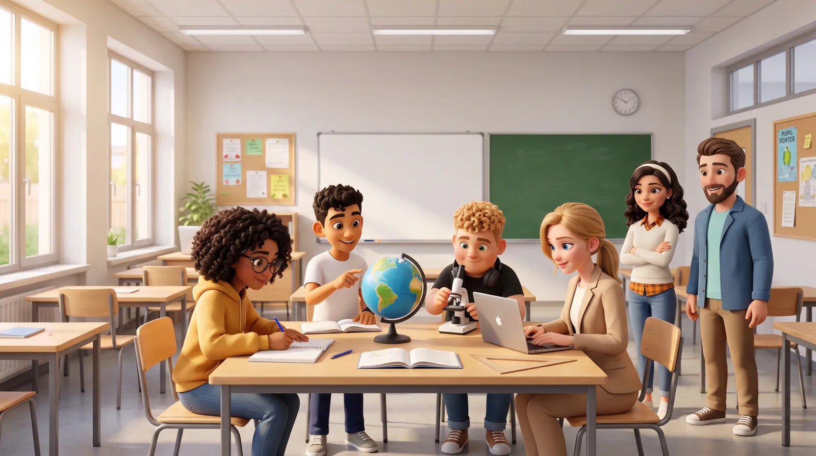 Mia, Luka, Jasmin und Noah arbeiten im Klassenzimmer an einem Tisch mit Heften, Globus, Mikroskop und Laptop, die Lehrkräfte Lisa und Lukas stehen daneben