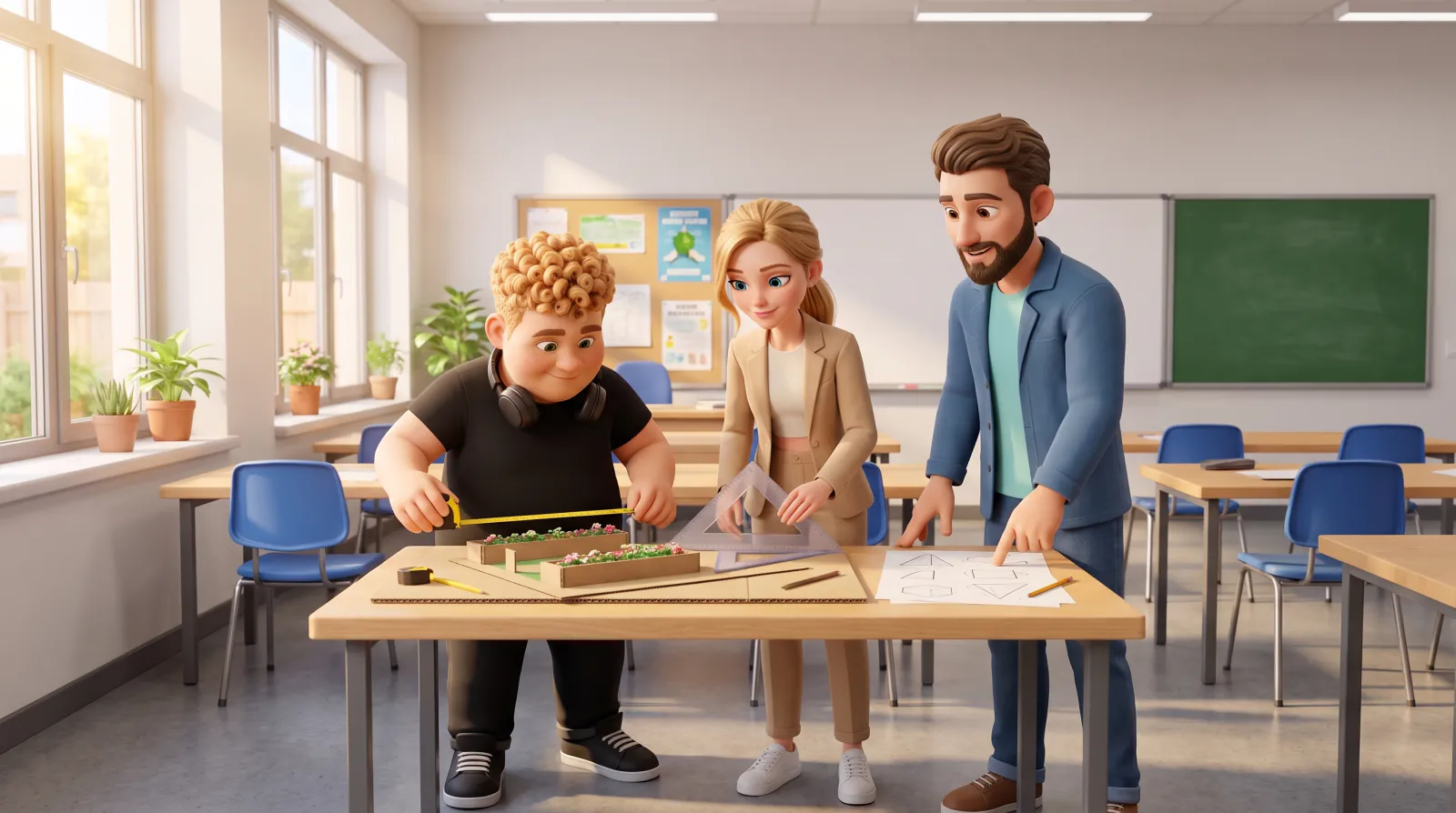 Noah und Mia vermessen ein Modell mit Maßband und Geodreieck, Lehrer Lukas zeigt auf eine Skizze
