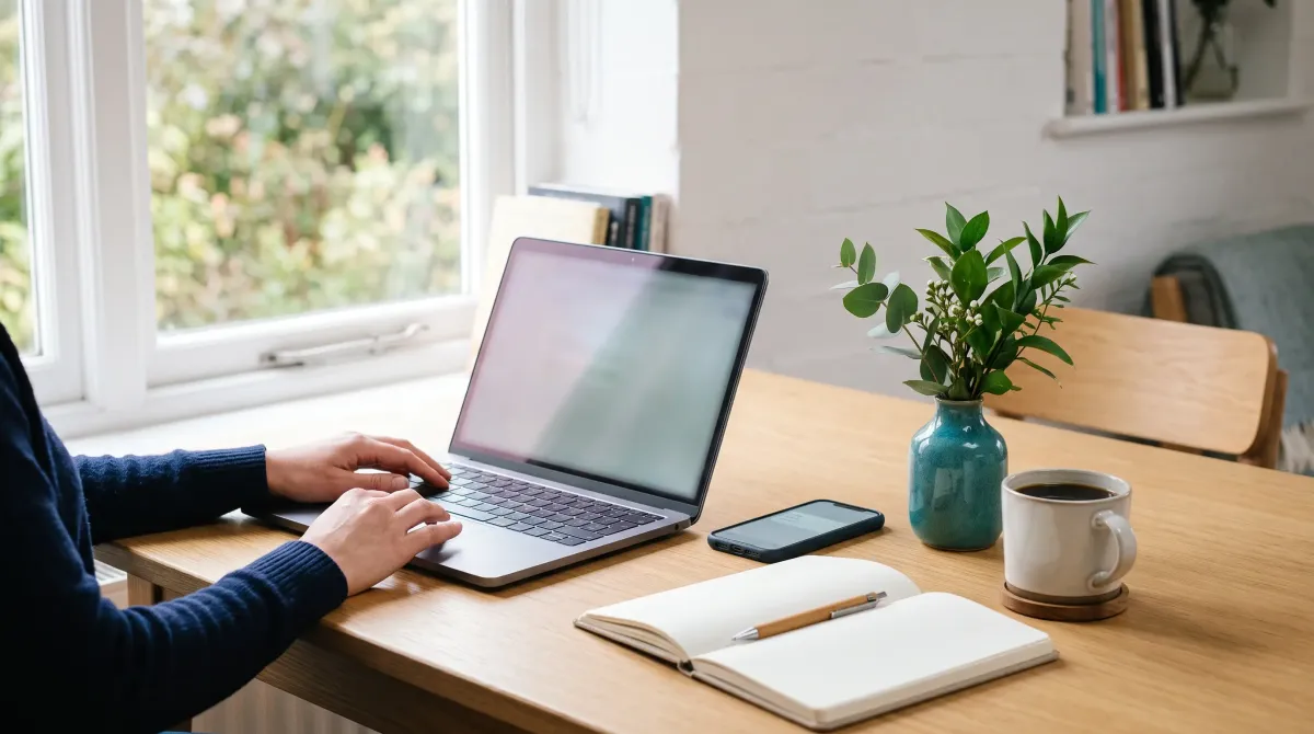 Hände tippen an einem hellen Holztisch auf einem Laptop, daneben ein aufgeschlagenes Notizbuch, eine Tasse Kaffee und eine Vase mit Zweigen