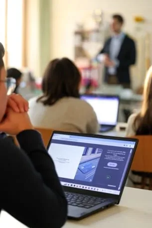 Blick über die Schulter einer Schülerin auf ihren Laptop, im Hintergrund Michael Brönner