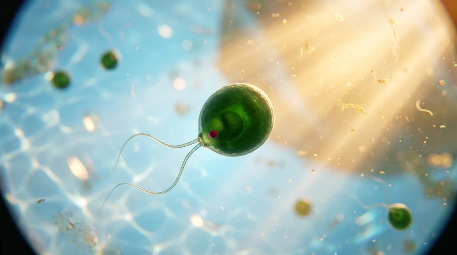 Eine runde, grüne einzellige Alge mit zwei langen Geißeln und rotem Augenfleck schwimmt in hellblauem Wasser auf einen warmen Lichtstrahl zu