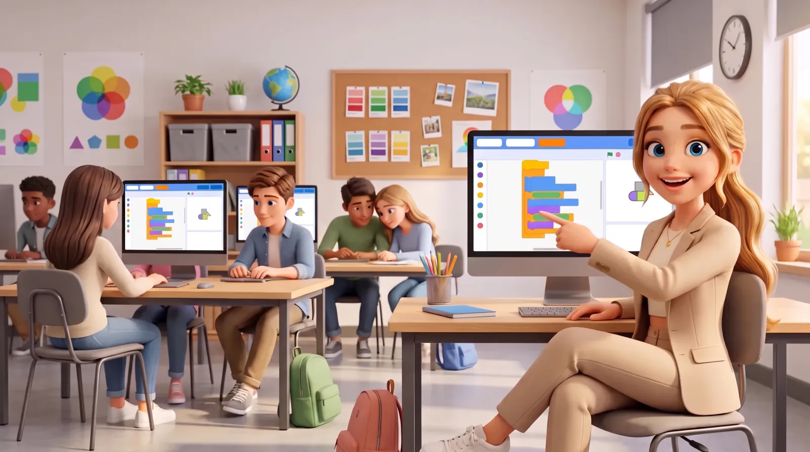Eine Schülerin sitzt im Informatiksaal und zeigt auf den Scratch-Editor an ihrem Bildschirm; hinter ihr arbeitet die Klasse an eigenen Rechnern, auf jedem Bildschirm steht der Blockeditor offen