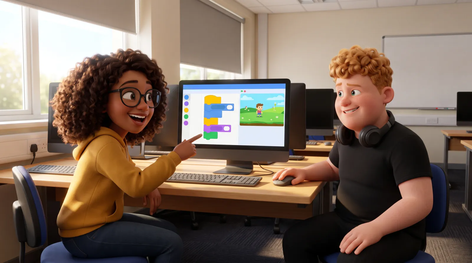 Zwei Jugendliche zeigen im Informatiksaal auf ihr Scratch-Projekt am Bildschirm