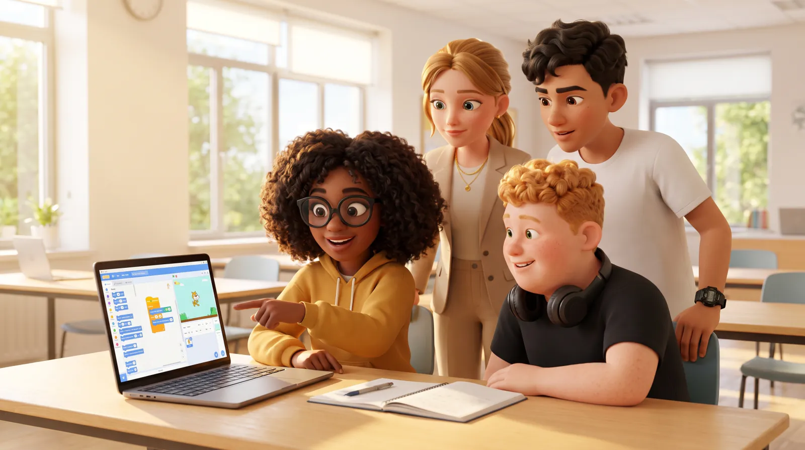 Jasmin, Mia, Noah und Luka in einem hellen Klassenzimmer um einen Laptop: Auf dem Bildschirm läuft eine grafische Programmierumgebung mit bunten Befehlsbausteinen und einer Spielfigur, Jasmin zeigt darauf